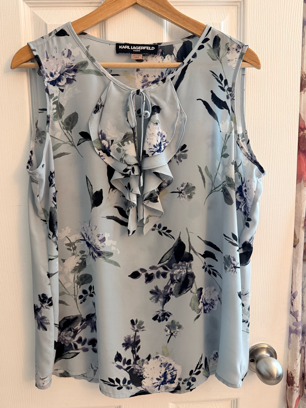 Karl Lagerfeld Pale Blue Floral Ruffle Tie Sleeveless Blouse